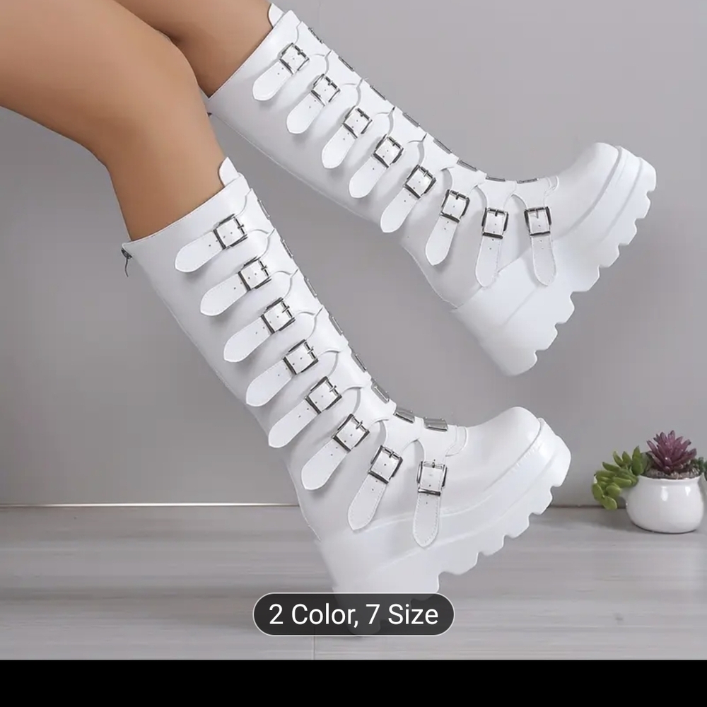 Source Unknown White Multi-Buckle Combat Boots NWT - image 2